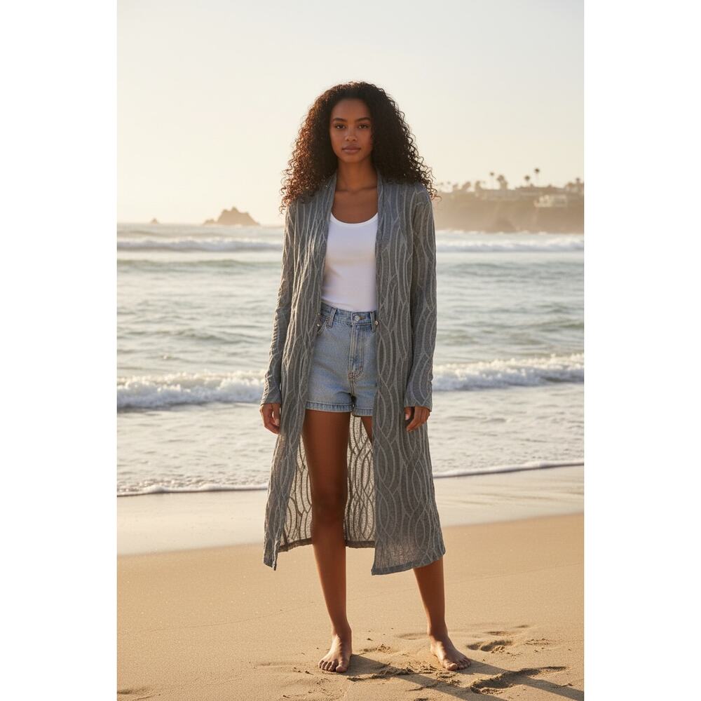 Banana Blue Australia Wool Nylon Long Duster Cardigan Gray Textured XS Lagenlook